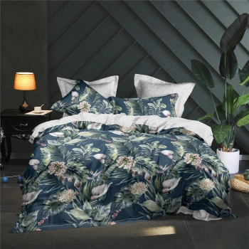 Pościel 160x200 Bawełna satynowa Granatowa z liścmi PK422